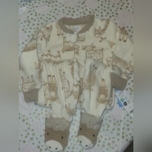 NWT Cozy Cream & Tan Fleece Footed One-Piece for Kids Highland Cattle